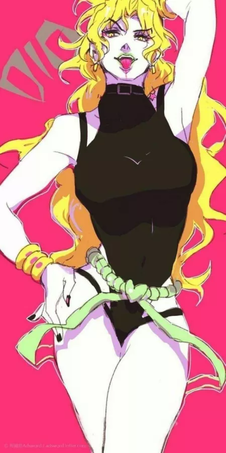 Dio with her armpits, arm up, big breasts, black leotard, bracelets, choker, green lips, yellow eyes and yellow hair by NORlAKlKAKYOlN