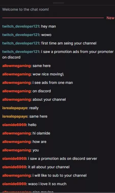 Dude said he could help promote my channel then these are the chats I get after I start streaming. They obviously look like bots and he wants me to invest in some promotion by Zydairu