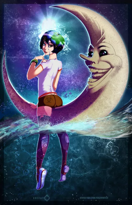 Earth-chan and Moon guy by Frocharocha