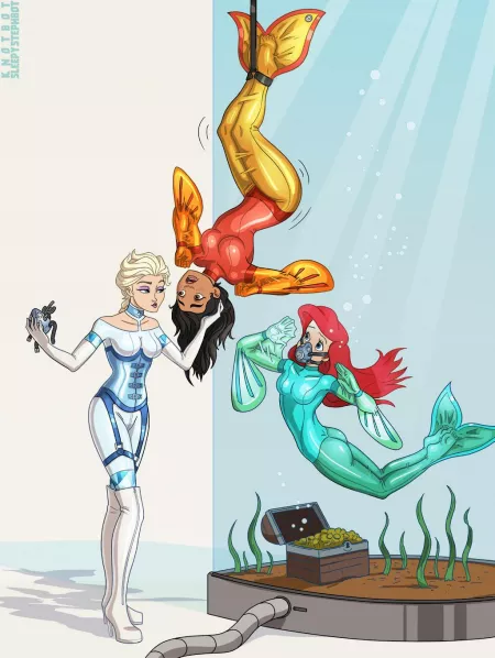 Elsa invites Moana and Ariel to view her fish tank from the inside. by Advega