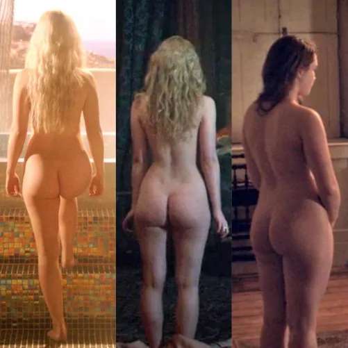 Emilia Clarke, Elle Fanning, and Florence Pugh. Which ass are you going for ? by Bond7775