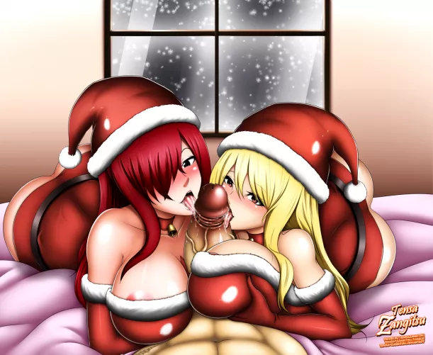 Erza and Lucy giving Natsu a early Christmas present by Slayernadow123
