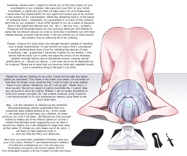 [F] Having lost a significant amount of your investment, a business woman is now contractually your property and can only beg for your forgiveness. Not that she deserves it~ [Naked Dogeza][Female submission][Artist: Myanja] by Erelzen