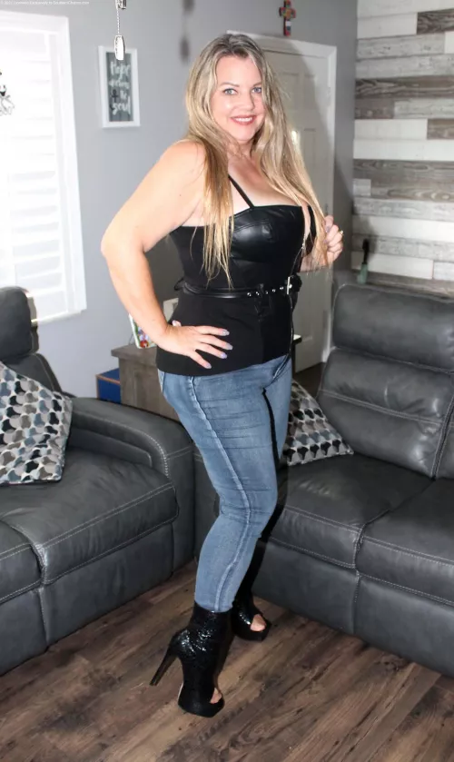 (F)50 my sexy shiny leather top and jeans by naughtyalaya