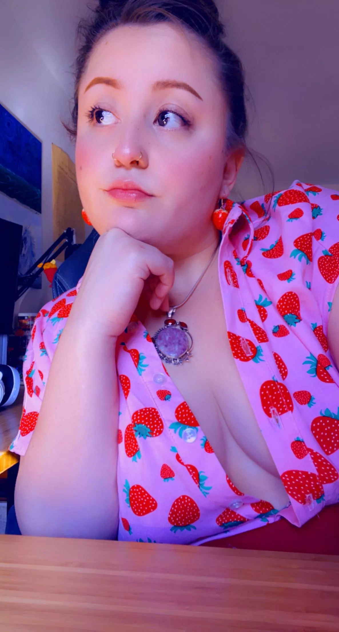 Felt really cute in this shirt with my berry earrings 💕 posted by twitchymcgee