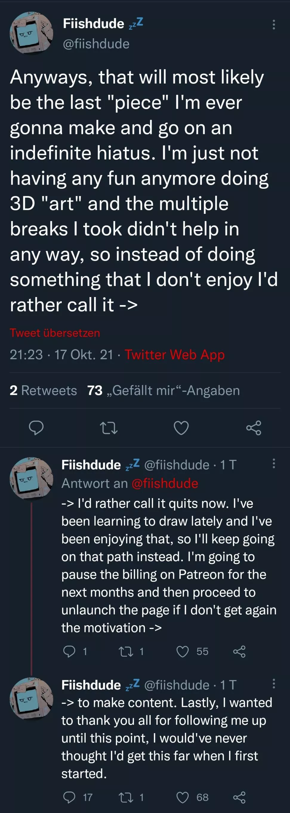 Fiishdude just announced he's quitting 3D art posted by uehxhwka