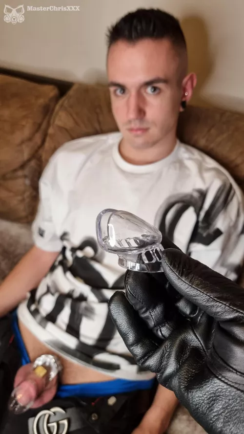 FINALLY! The new SMALL chastity has arrived! I'm replacing the old one with this small one today! Do you want he to get a massive edging in front of it? Write a comment! Follow me and join my world! 😈😏 by masterchrisxxx