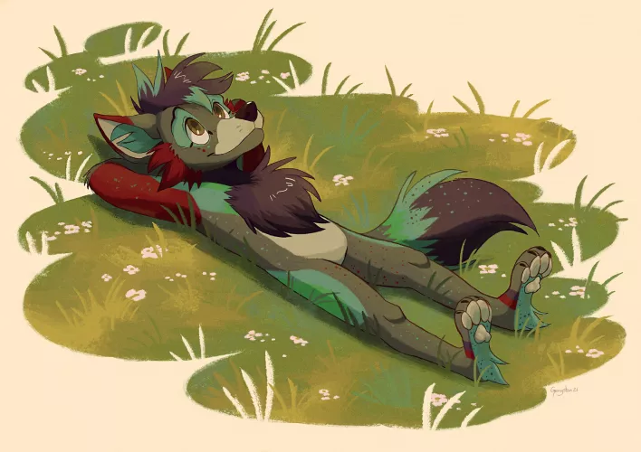 Fizz, relaxing among the grass. Art by @GGenystar on Twitter by InfinityFox96