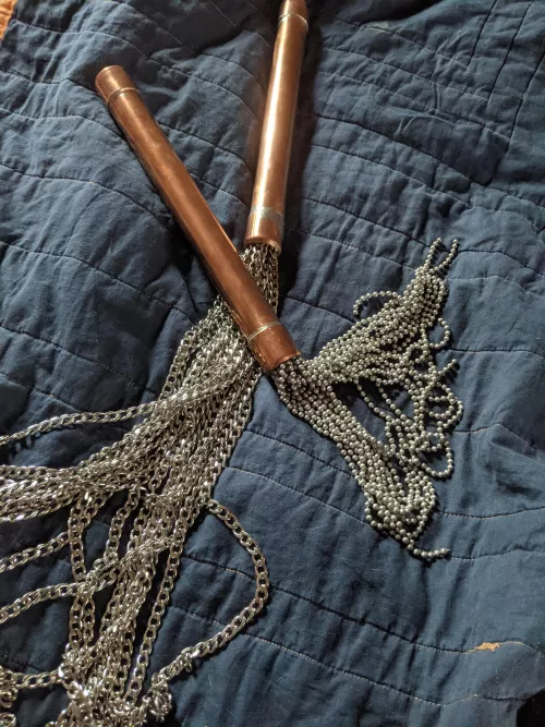 For Christmas my fiance made me (us) some lovely, heavy, conductive floggers. Fully appreciate his dedication to beating my ass. by hrdrplse