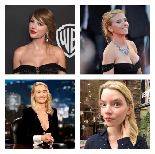Four breathtaking blondes, Taylor Swift, Scarlett Johansson, Brie Larson and Anya Taylor-Joy by oohjustalittlebit34