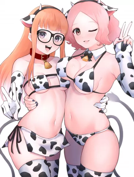 Futaba and Haru in their sexy cow bikinis by funkierkong