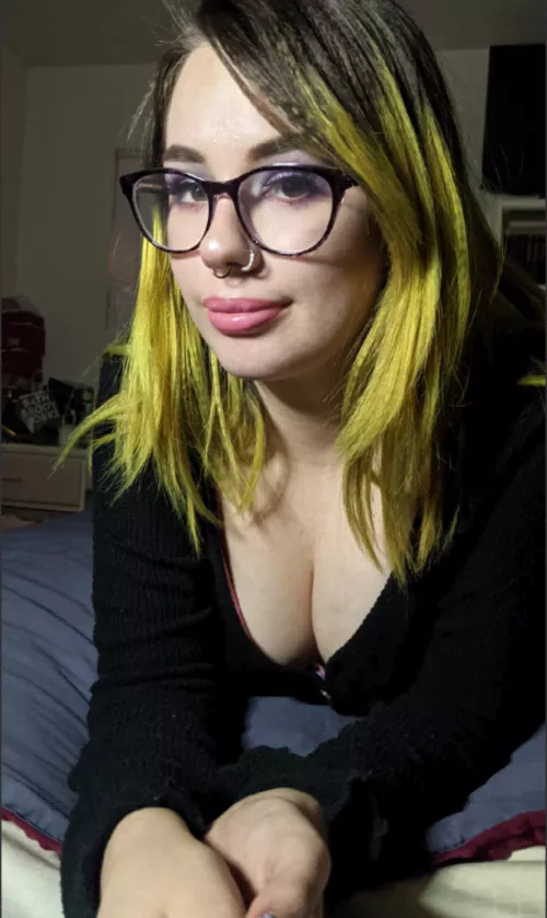 Glasses, cleavage, and green hair, want anything else? (OC) by zashy123
