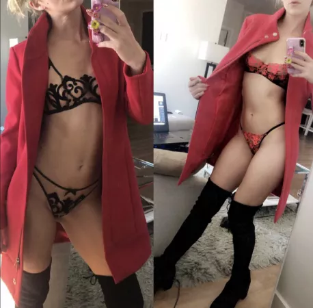 Going to a masquerade party this weekend. Which lingerie looks better with this red coat? All black, or red and black?? by blonde234