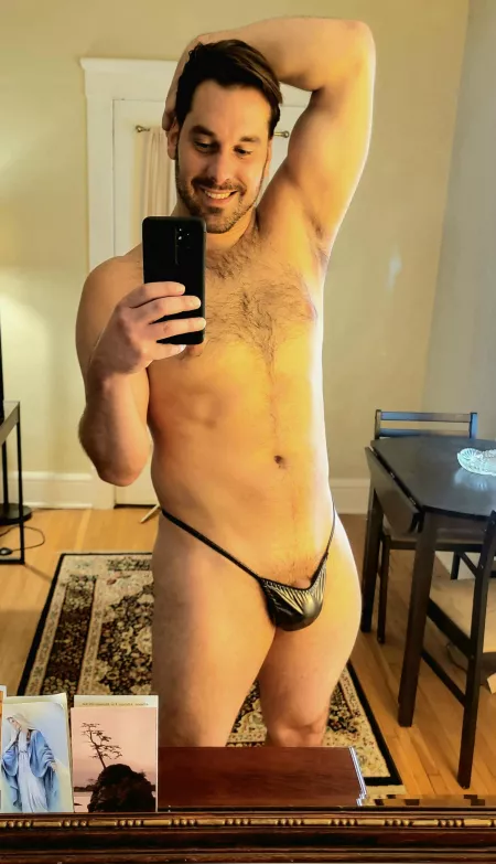 Goofin in my metallic gun metal gray foil wetlook thong. Think I got a size too small. 🤷 by Forward-Section-6437