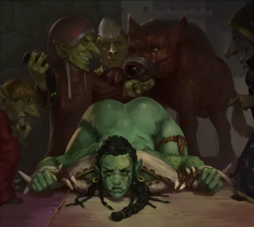 Half-orc barbarian captured by goblin monks (doomsatan666) by DreamingDarker