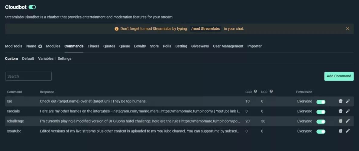 Have I missed a step creating custom chat commands for stream chat? I have Streamlabs modded in chat as well, but when I type the command, nothing happens. by maruuu