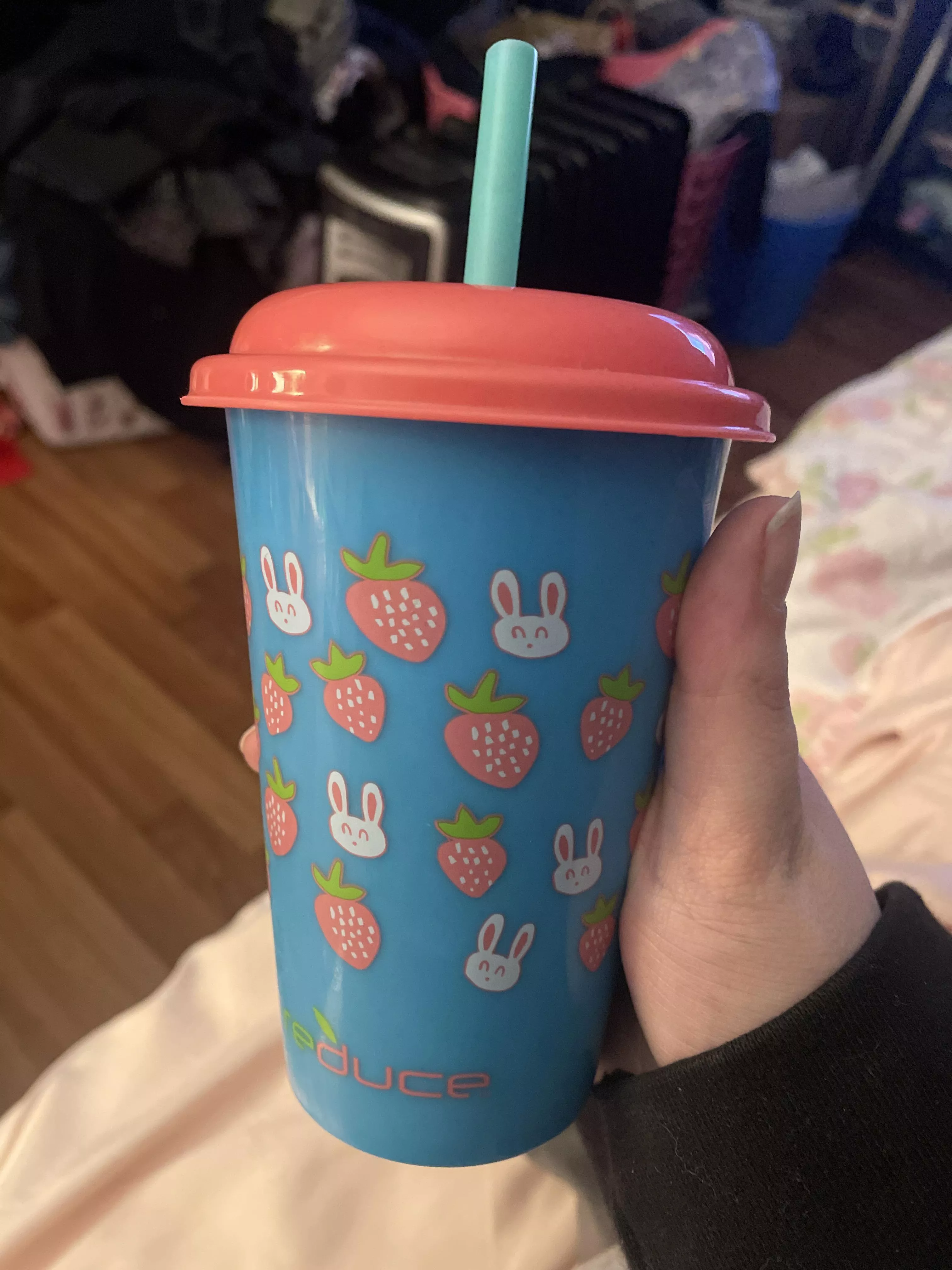 Haven’t been little very much lately so I’ve been using my strawbunny cup to feel small 🥰 posted by hxrnynxnbinary