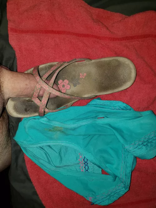 Having fun with my wifes cumstained panties and sandals by smalldickhubby2020