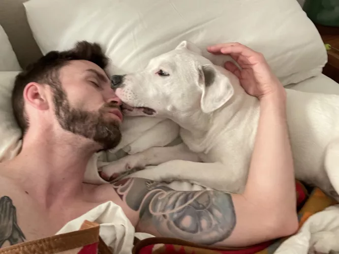 He sits diligently by me when I stay up late to game, then wakes me up every morning by Control-Frosty