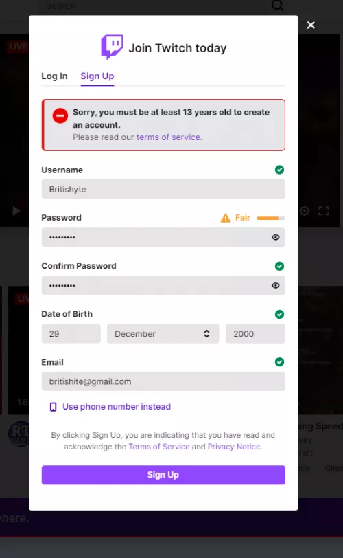 Hello! Im having an issue signing up... this image show the error. by MaxHic
