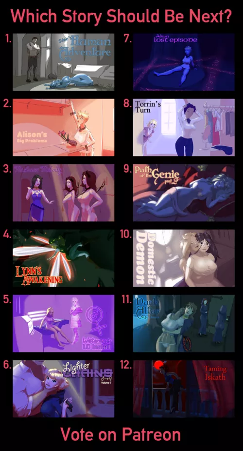 Hello r/transformation! Satin Minions is gearing up to start work on another project, but this time they're letting patrons decide! In the comments are brief outlines of each concept, if you're interested in participating in the poll, consider becoming by CharybdisLeviathan