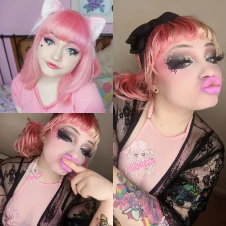 Hi I'm Missy! I always liked being cute and girly but recently I've been getting more and more into looking like a sex doll. I love big fat heavy eyelashes, obnoxious lipstick and dressing slutty. I'm 18 in the top left and the other two pics I'm 21 <3 by littlestpinkie