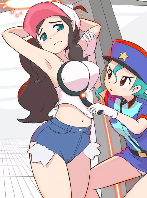 Hilda is hiding a weapon from Officer Jenny [Pokémon] by Deadpool6900
