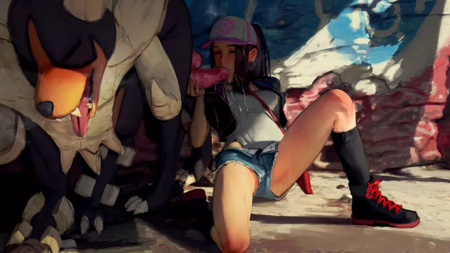 Hilda sucking off her Houndoom (diathorn) [Pokemon] by MrShakedown1