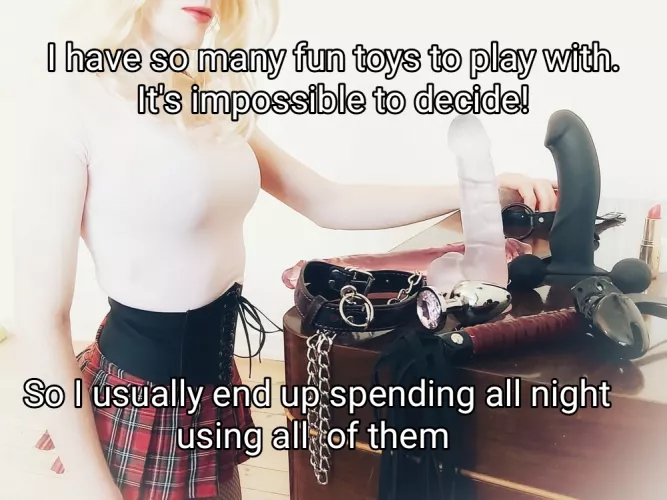 Hmm which toy to use tonight? Dildo, whip or chastity cage? by sissysophiacd