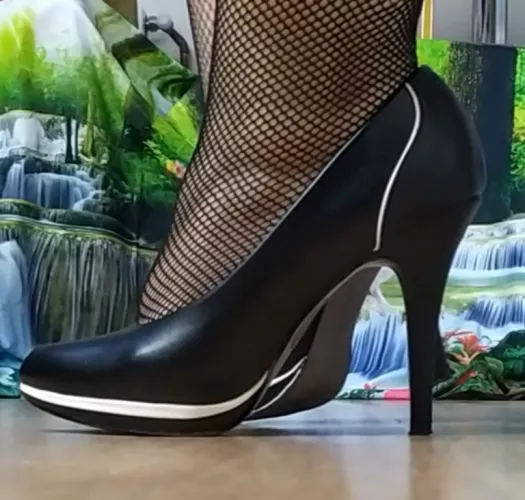 How about fishnet & this elegant black & white heels? by Wriggly_Feet