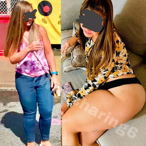 How she looks outside vs. how she looks when she is about to service my cock. Upvote if you want a go 😉 by wifesharing6