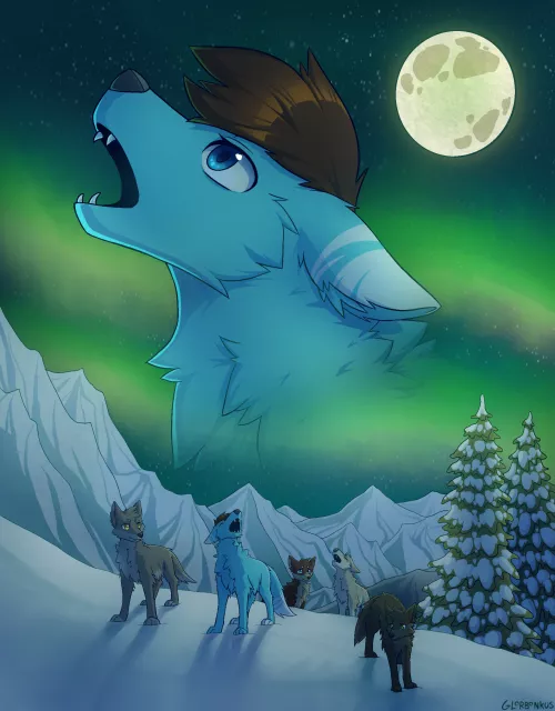 Howling wolves at the northern lights! (Art by glorbonkus on Fiverr) by AsenaWolfy