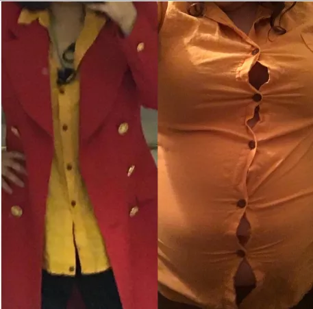 I have gone from 120-175 lbs. but technically not all of that was on purpose. Here’s a comparison of my purposeful gain in the same shirt (150-175lbs. ) 🥵🐷 6 months between the pics 😏 by sydgettinbig