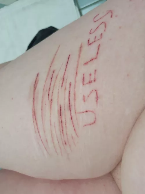 I know im your useless little whore daddy, so i carved it into my filthy piggy leg for you ehehehe by Undeadprincess420