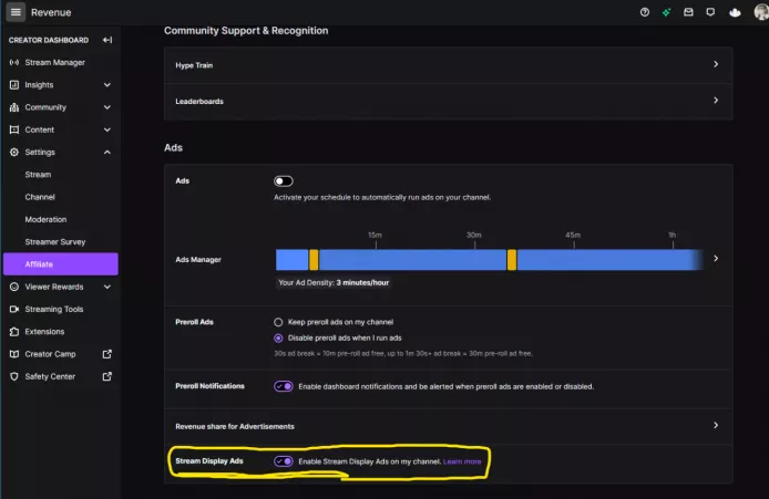 I noticed this section in my affiliate settings today. Twitch enabled stream display ads by default! If you don't want to have them definitely check your ad settings. by BirbDuchess