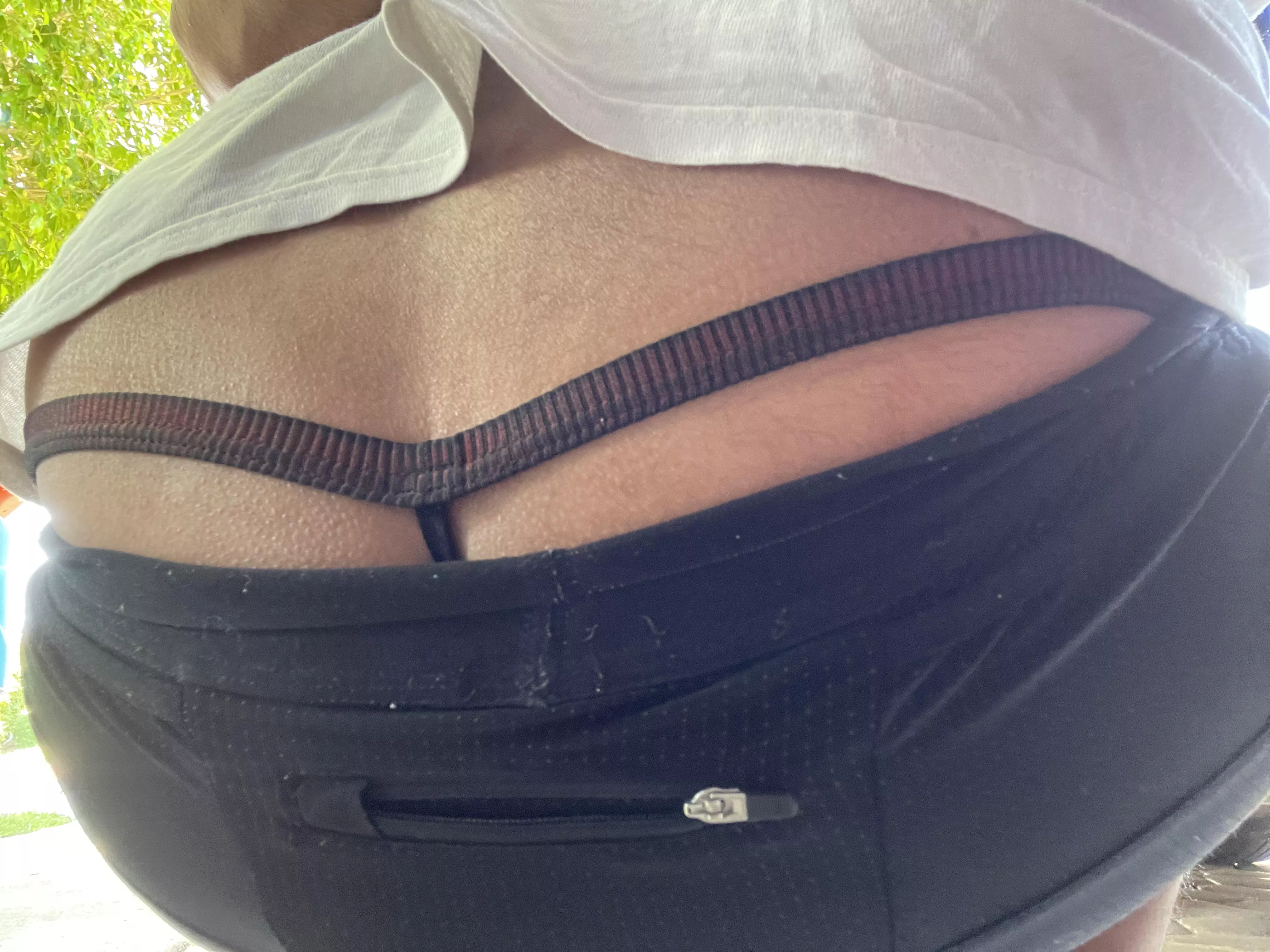 I seldom wear shorts and never wear thongs with them. But I bent over to pick something up and when my shirt came up I felt the draft of wind hit my low back and knew my string was showing 😂 posted by CaliforniaStringin