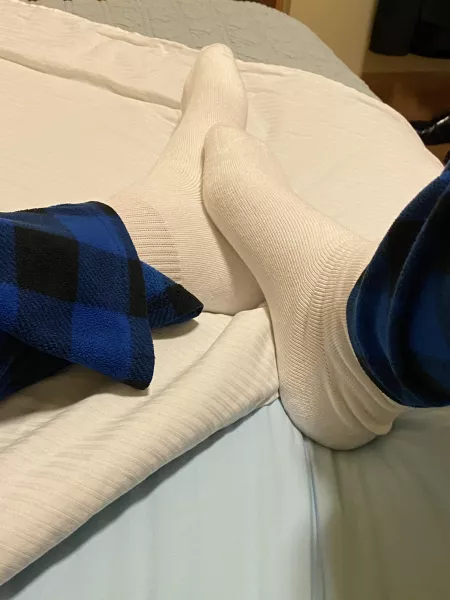 I usually wear dress socks - but sometimes at night, white by Joe-sock
