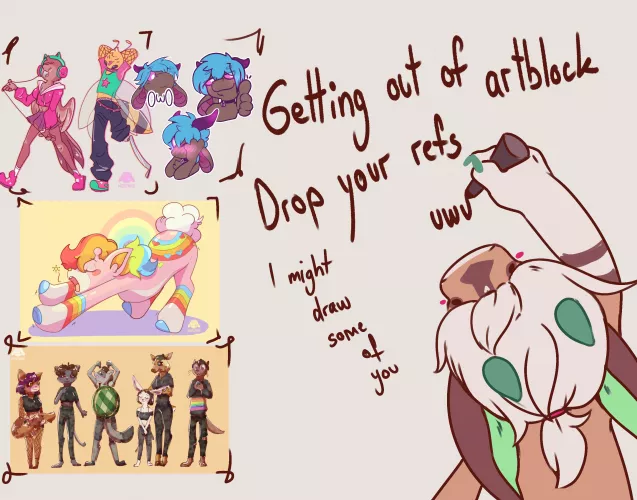 I wanna draw some sonas I haven't seen before so drop your refs! I usually do comms but I just want to doodle something like in these pictures by mionomori