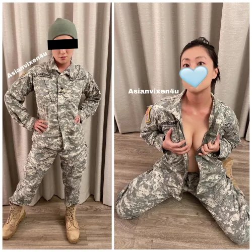 I was visiting family and dug my old uniform out of the closet. The name tag is fake, obviously, but everything else is legit. You can probably tell what year this uniform is from based on the camo print. Ten-hut! by AsianVixen4U