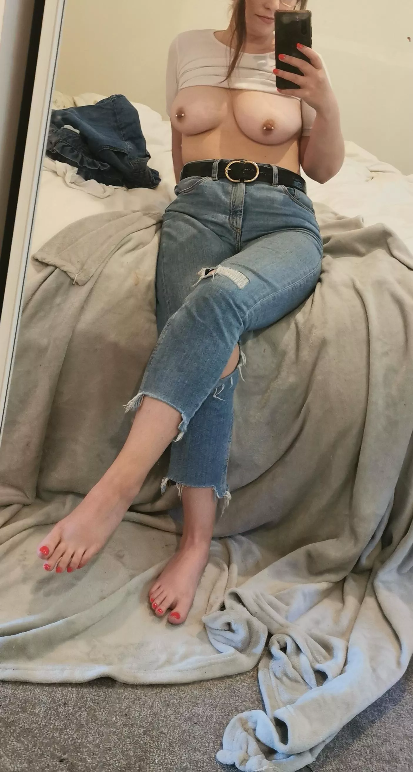 .. If you MUST wear a top then definitely no bra. posted by Emilynovaxo