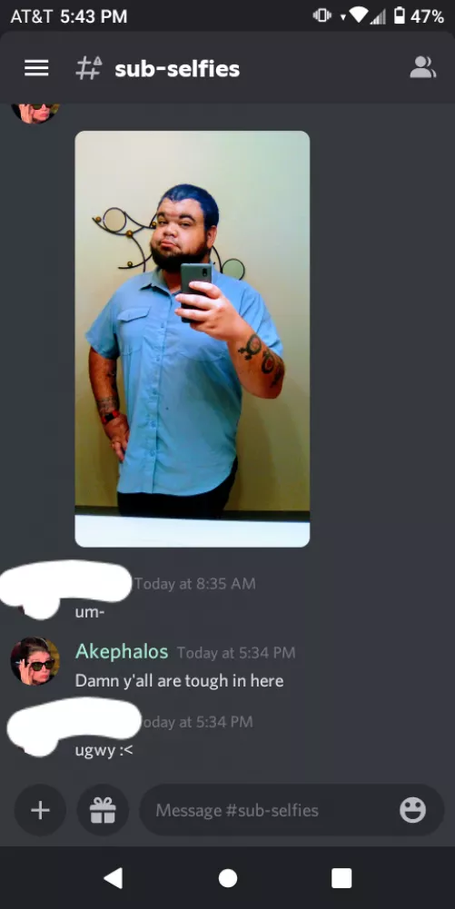 I'm a big guy. Generally don't do selfies for this reason exactly. It's not from one or a small group of individuals, either. I get this as a first reaction from a dozen sources a day, even strangers. I can't smile anymore. by Weirix95