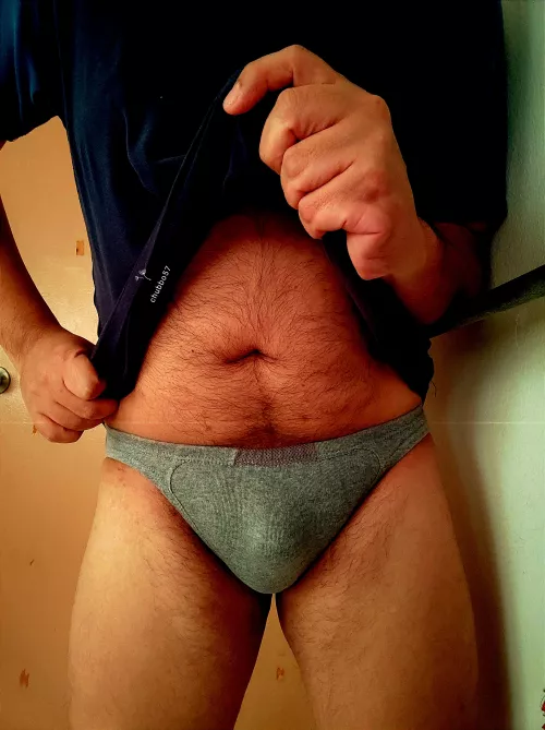 In simple grey slip-in briefs. 🖤🖤🖤 by chubbo57