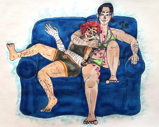 Ink painting of Piltover’s Finest snuggling on their couch post shower sex while they watch The Owl House in prep for its return. 🤗 Happy Valentine’s Day! 🥰 by dylanyoshichan