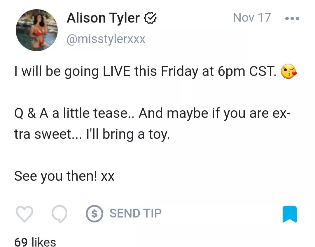 Is she live right now? I tried looking and can't find it? :/ posted by robonez77