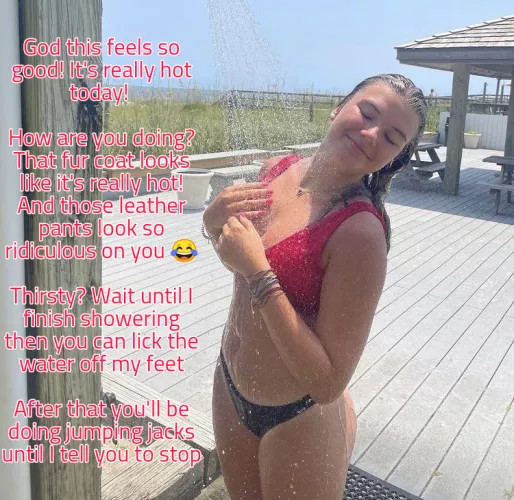 It's really hot today and you're wearing a fur coat and leather pants doing physical exercises for her amusement by 2accountsbanned1996