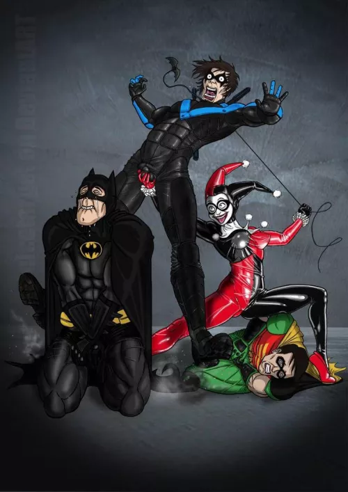 It’s said one night Quin overheard Batman tell Dick Grayson and Robin that Harley was, “No threat, she’s a girl”. To which the heroes laughed and cheered. Later that night, she found them in the alley. Let’s just say she was tempted not rip off by OutandAboutAllDay