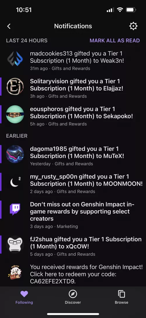 I’ve been getting gifted subs for the past few days. Either someone is following me or I’m getting insanely lucky. by YoureMadSadBad