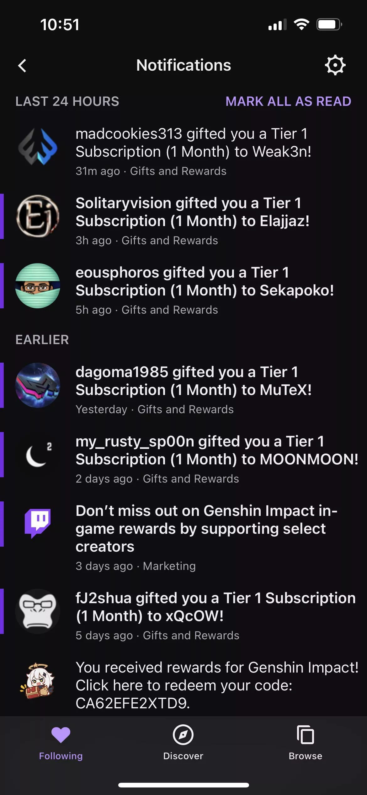 I’ve been getting gifted subs for the past few days. Either someone is following me or I’m getting insanely lucky. posted by YoureMadSadBad