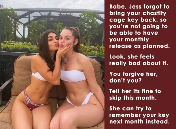 Jess forgot to bring your chastity cage key back, so you're not going to be able to have your monthly release as planned... by chant9