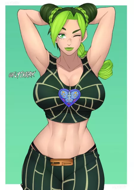 Jolyne with big breasts with her arms up while winking at viewer by NORlAKlKAKYOlN